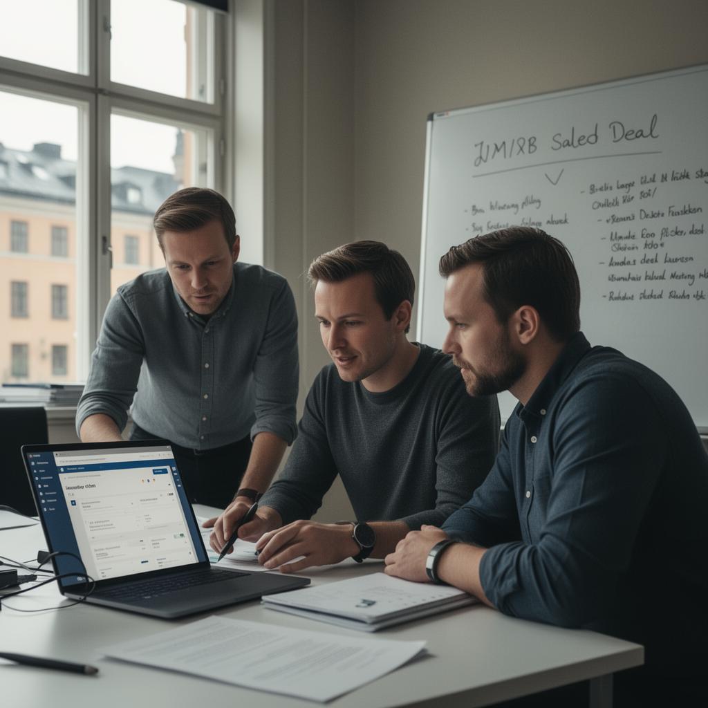 Säljteam analyserar en pågående B2B-affär vid laptop och whiteboard