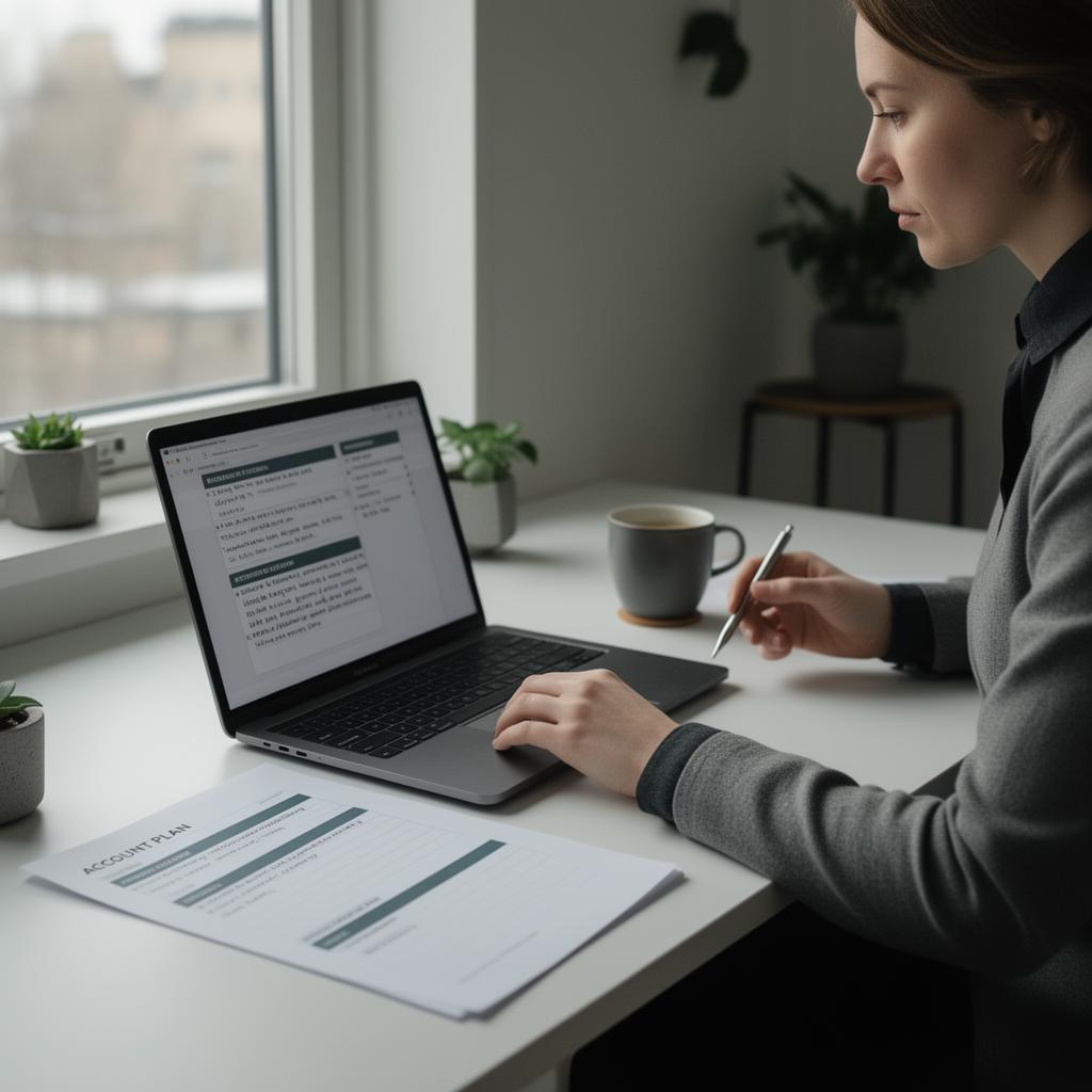 Säljare förbereder en kundaffär vid laptop med account plan