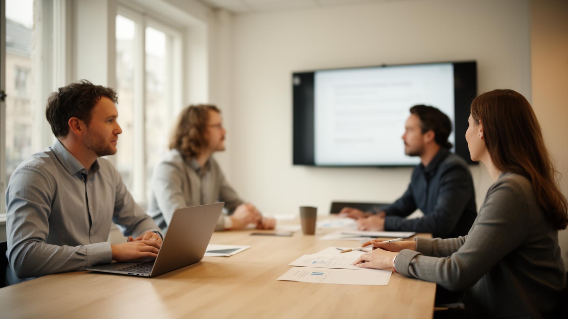 Nordiskt B2B-säljmöte runt ett konferensbord med laptop och skärm i bakgrunden