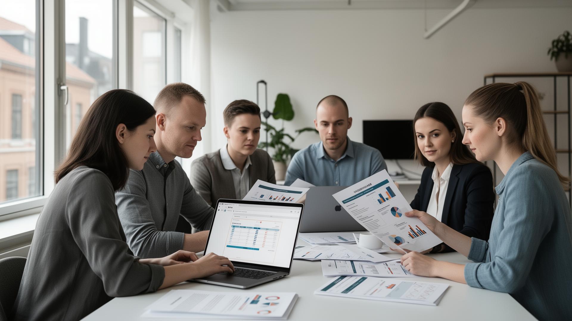 Säljteam går igenom underlag, CRM och playbook tillsammans vid en laptop i ett ljust nordiskt kontorsrum