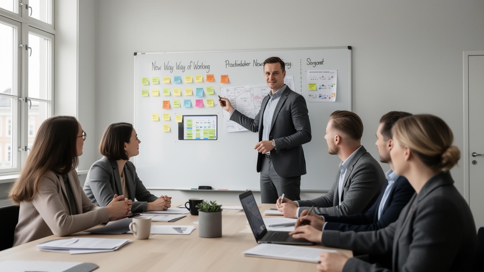 Mindre nordiskt säljteam planerar nytt arbetssätt vid en whiteboard med post-it och delad skärm i ett ljust mötesrum