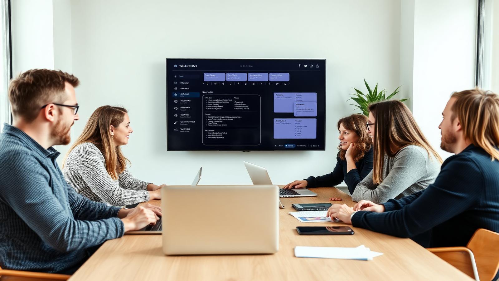 Litet nordiskt säljteam i workshop runt en delad skärm med CRM och möteskort i ett ljust mötesrum