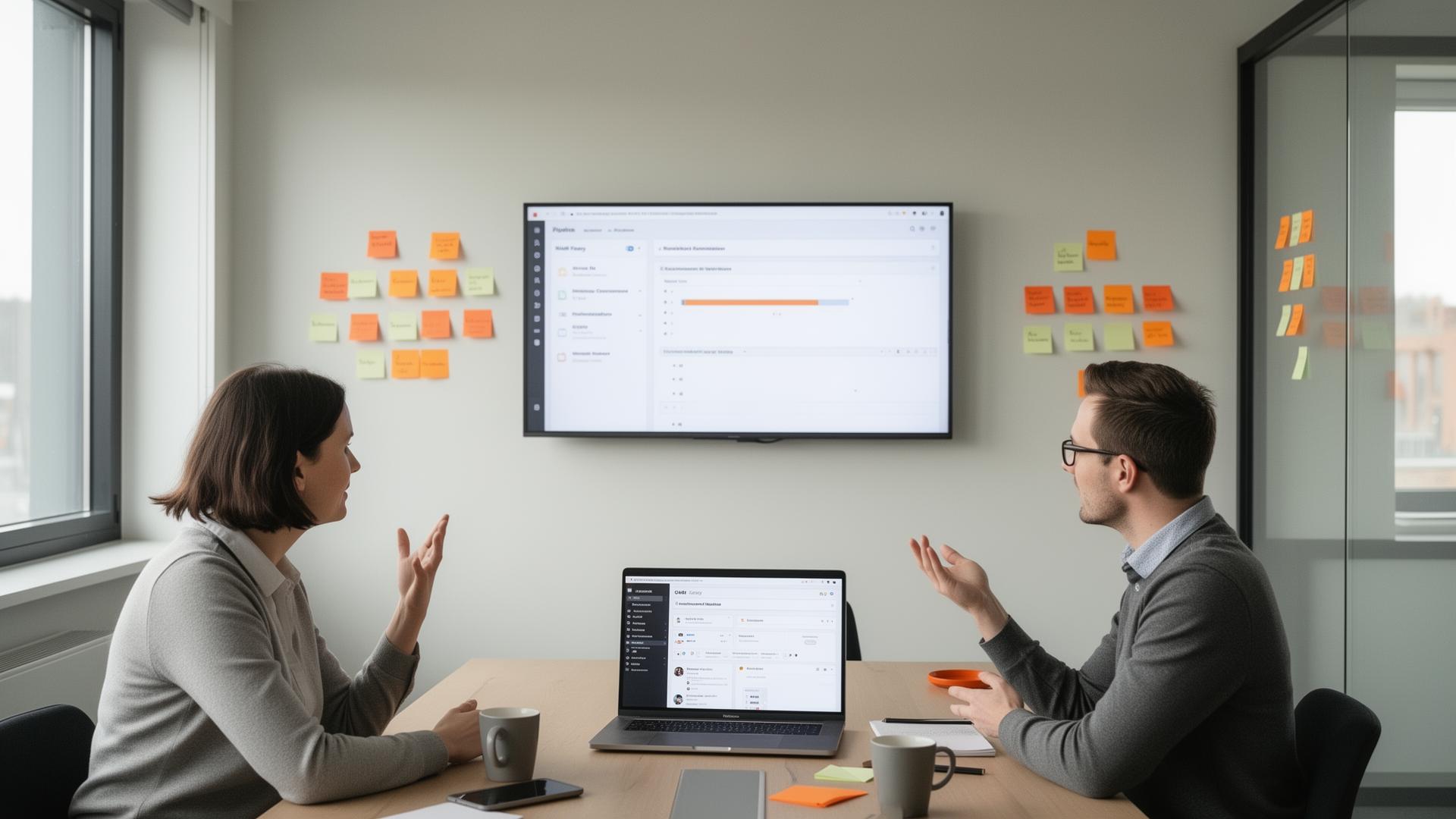 Två säljkollegor diskuterar pipeline framför en skärm med sticky notes i ett ljust nordiskt mötesrum